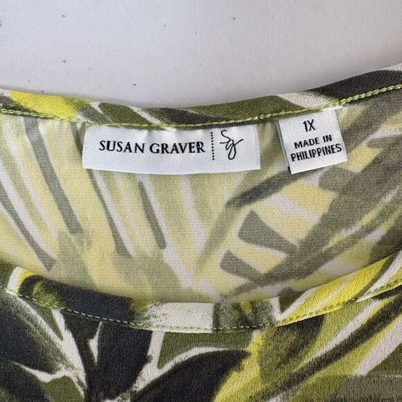 Susan Graver Liquid Knit Top Size 1X Yellow Green Leaf Print Cold Shoulder - Picture 3 of 8